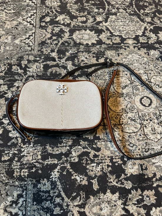 Tory Burch Handbags - Tory Burch Cream Canvas Crossbody w/ Brown and Black Leather Trim